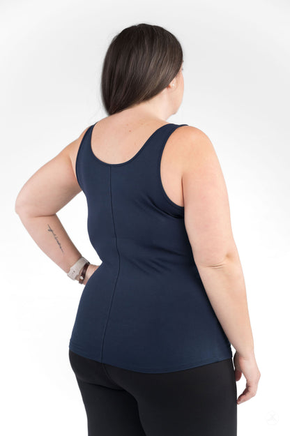 Back view of a woman wearing navy Classic Tank (Copy) by SweetLegs Canada made of soft, flattering fabric.