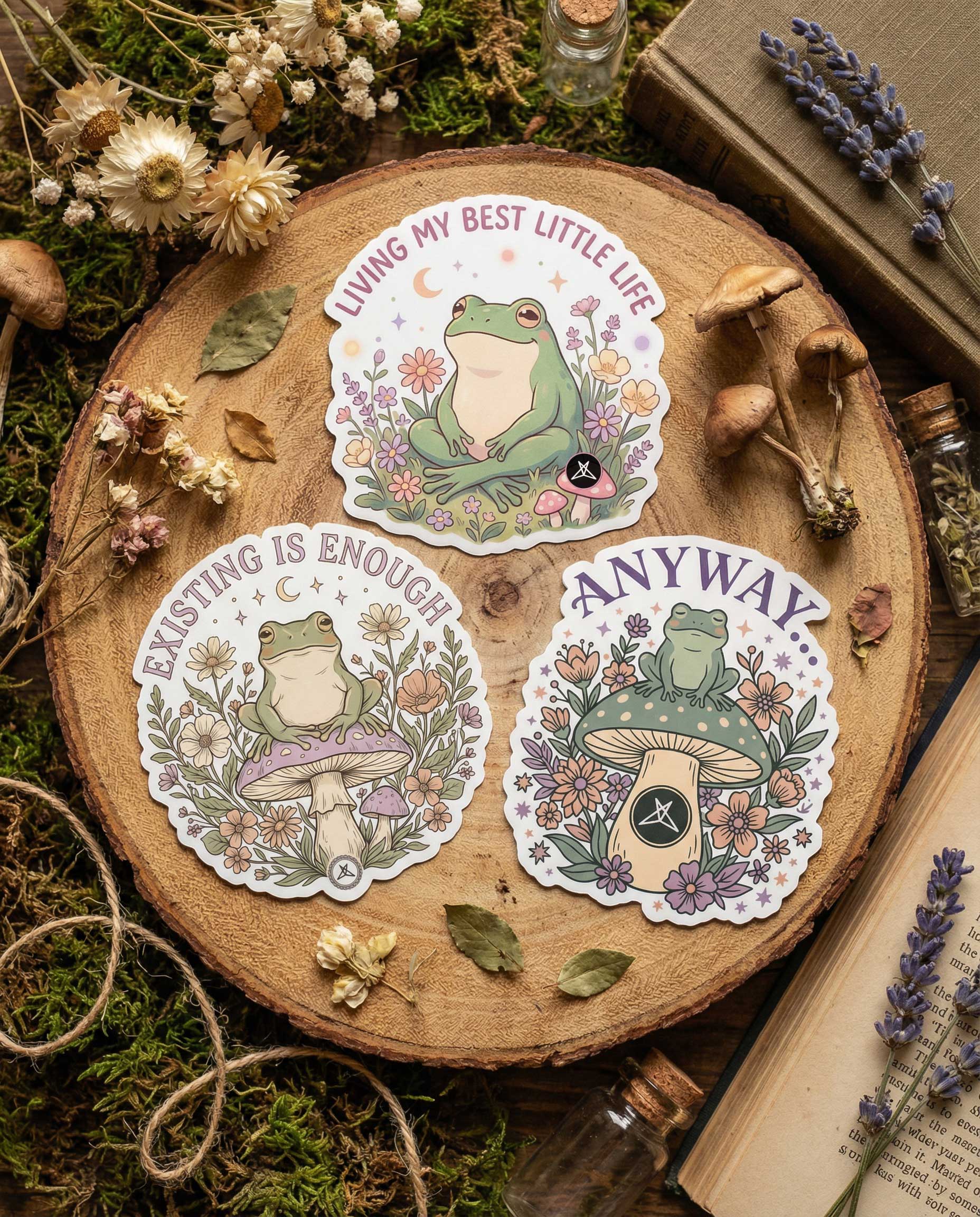 Living My Best Little Life Sticker Pack by SweetLegs featuring frogs on mushrooms with floral designs and uplifting phrases