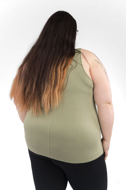 Plus size model wearing olive Classic Tank (Copy) by SweetLegs Canada shown from the back with long ombre hair