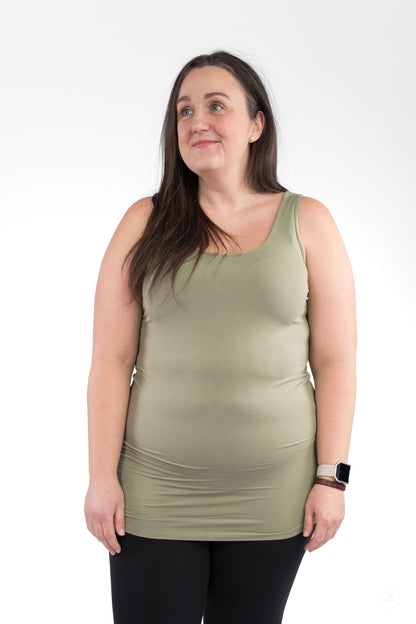 Woman wearing an olive Classic Layering Tank (Copy) by SweetLegs Canada with a soft viscose and spandex blend