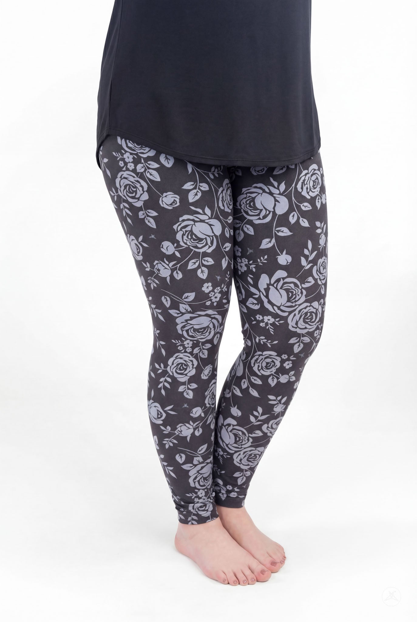 SweetLegs Shadow Garden leggings featuring moody floral print with grey-blue roses on a dark background.