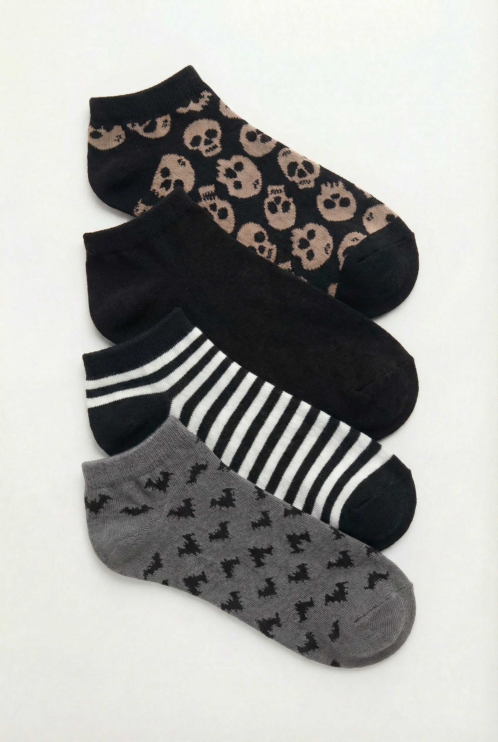 SweetLegs Halloween Haunt Ankle Socks with skull bat and striped patterns
