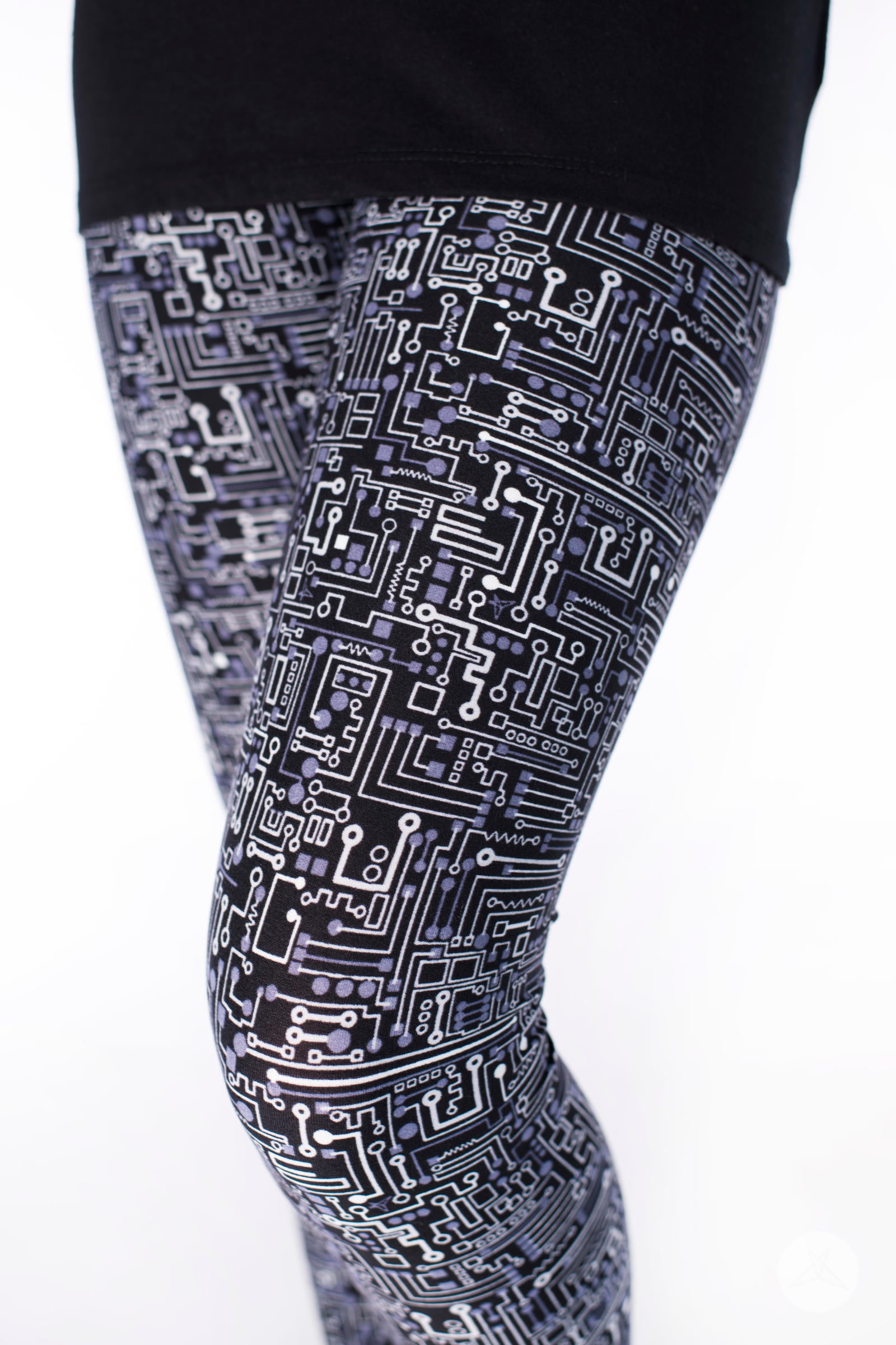 SweetLegs Short Circuit Kids leggings featuring tech-inspired circuit print in periwinkle and grey on black background