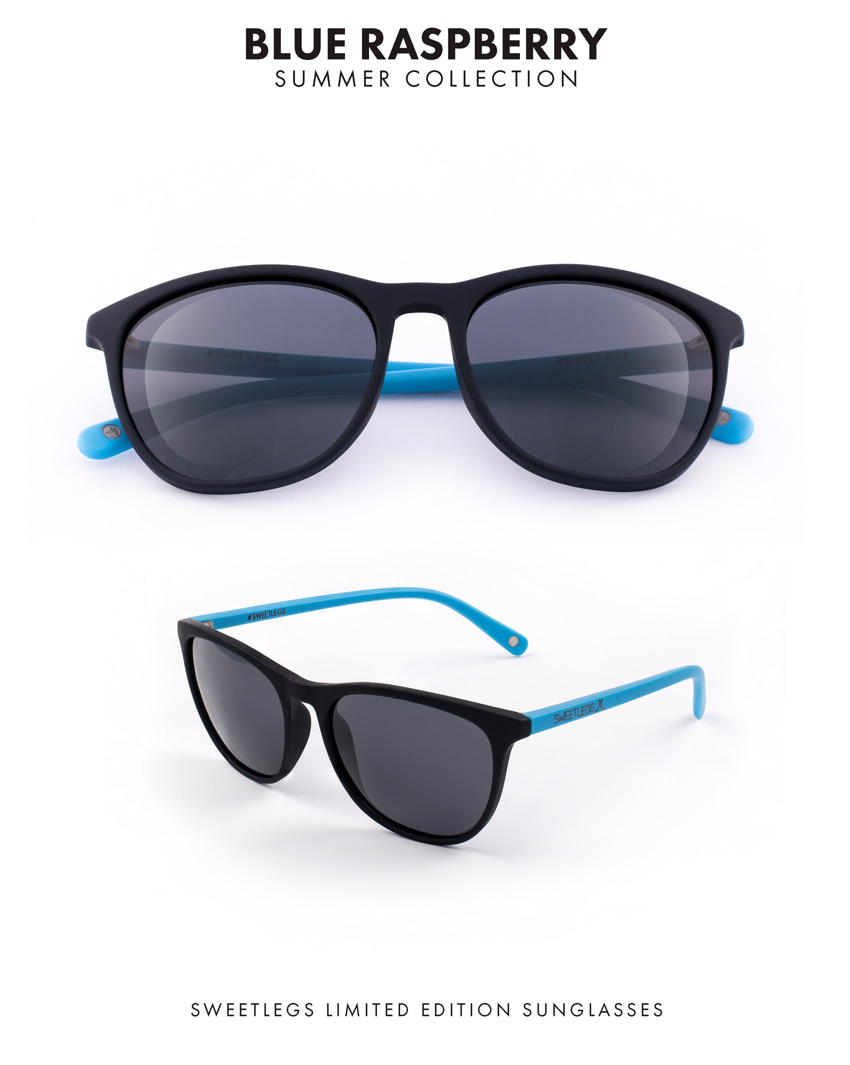 Fresh Frames Sunglasses by SweetLegs with black front frame and vibrant blue temples from the Blue Raspberry collection